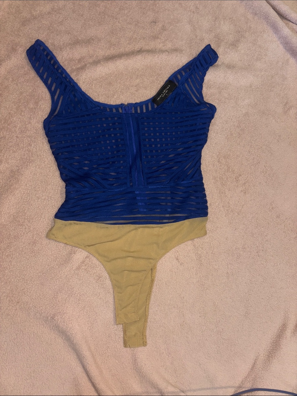 AKIRA Royal Blue Striped Mesh Tank Bodysuit